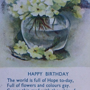 Carte postale d’anniversaire vintage Dorothy Hann Poème Posy Of Flowers Northwood années 1940 1947