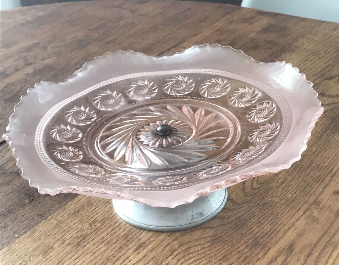Pink Ruffle Cake Stand Pretty Pink Glass Ruffled Edge Cake Stand With Metal Base. Vintage. 40s ...