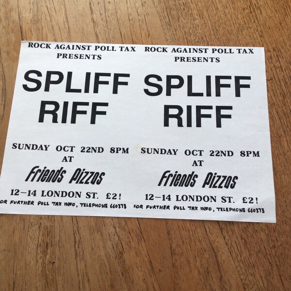 1989 Rock Against Poll Tax-flyer voor Spliff Riff die speelt in Friends Pizzas, London Street, Reading