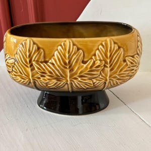 Könnte beinhalten: Eine Keramikschale mit einem erhabenen Blattdesign in Beige- und Brauntönen. Die Schale hat einen dunkelbraunen Sockel und einen dunkelbraunen Innenraum. Die Außenseite weist ein sich wiederholendes Muster aus stilisierten Blättern auf. Die Schale ist wahrscheinlich Vintage.