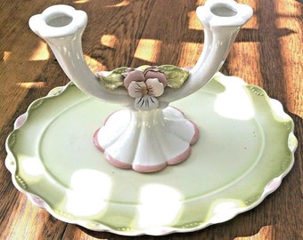 Pretty Vintage Dressing Table Set. Pink and Green Ceramic. Oval Vanity Tray and Candlestick. Cottagecore.