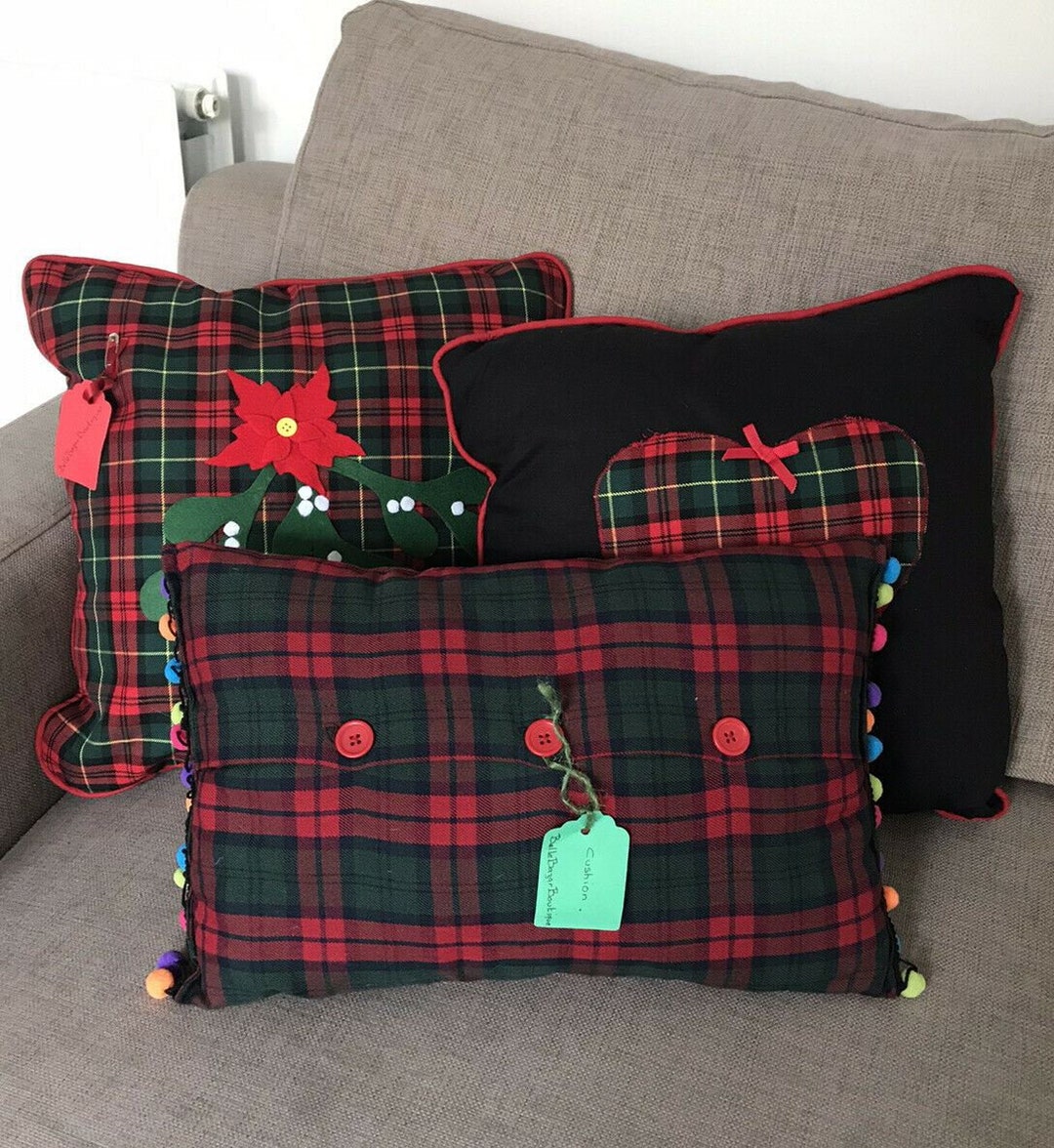 3 X Festive Tartan Christmas Cushions Pom Poms Mistletoe Etsy