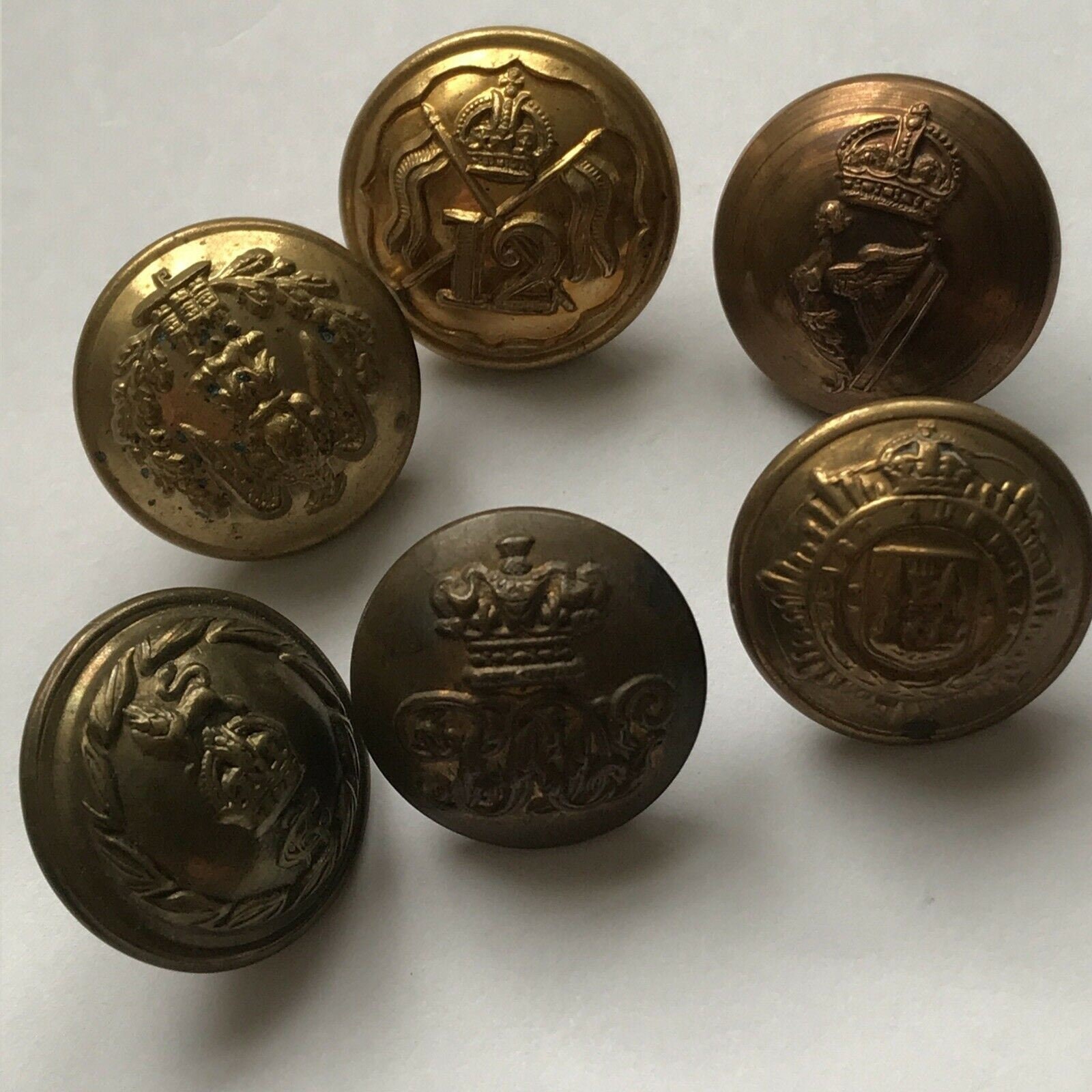 Vintage Military Band Brass Button Lot / 5 Lyre Brass Buttons