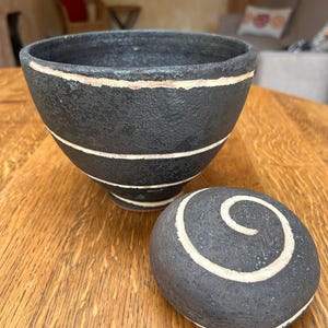 Vintage Black Studio Pottery Bowl and Sculptural Pebble Signed Ceramic Set
