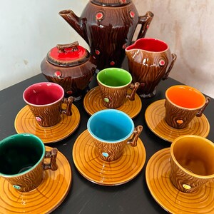 Vallauris A Ferlay Coffee Set - Wood Effect 50s French Pottery Coffee Pot, Milk Jug, Sugar Bowl, 6 x Cups / Demitasse - Colourful Interior