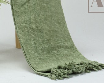 Lanzamiento de algodón verde salvia, manta de lanzamiento sólido, lanzamiento teñido vegetal natural, WovanThrow de mano, manta con mechones de algodón, 50X70 pulgadas AHTH#09