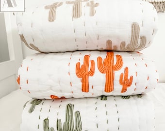 Cactus Print Kantha Quilt Hand Block Printed Cotton Blanket Boho Bedding Handmade Bedspread Cotton Kantha Quilt Blanket Cozy Coverlet AH#093