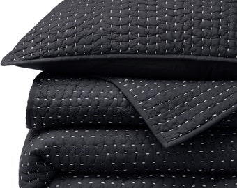 Solide schwarze Quilt, Baumwolle Kantha Quilt, Block Gedruckt Quilt, Handgemachte Quilt, Weiche Baumwolldecke, Handgenähte Sommer Quilt AH #096