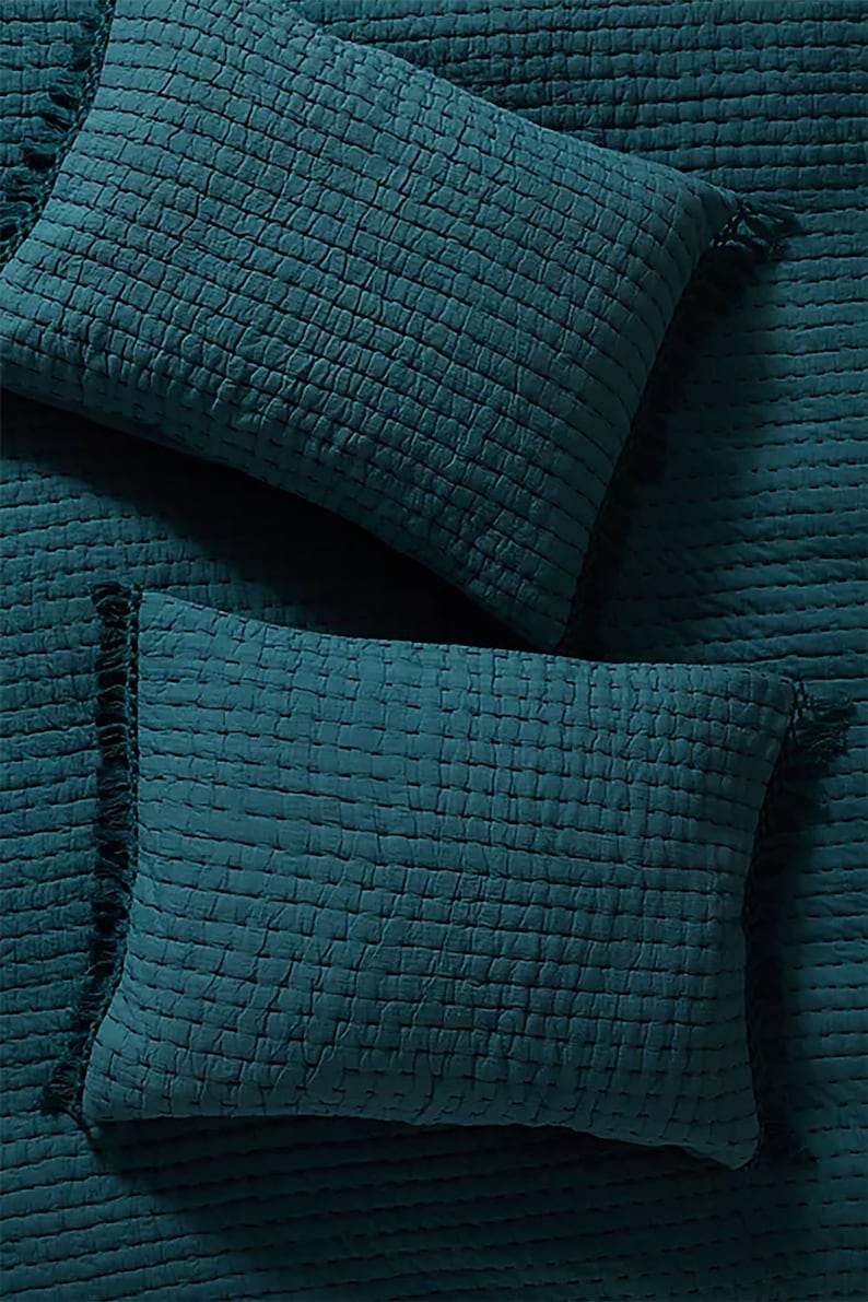 Solid Teal Blue Color Handmade Padded Kantha Quilt, Bohemian Coverlet, Comforter Tassels Indian Kantha Quilt, Handmade Cotton Quilt, AH064 image 5