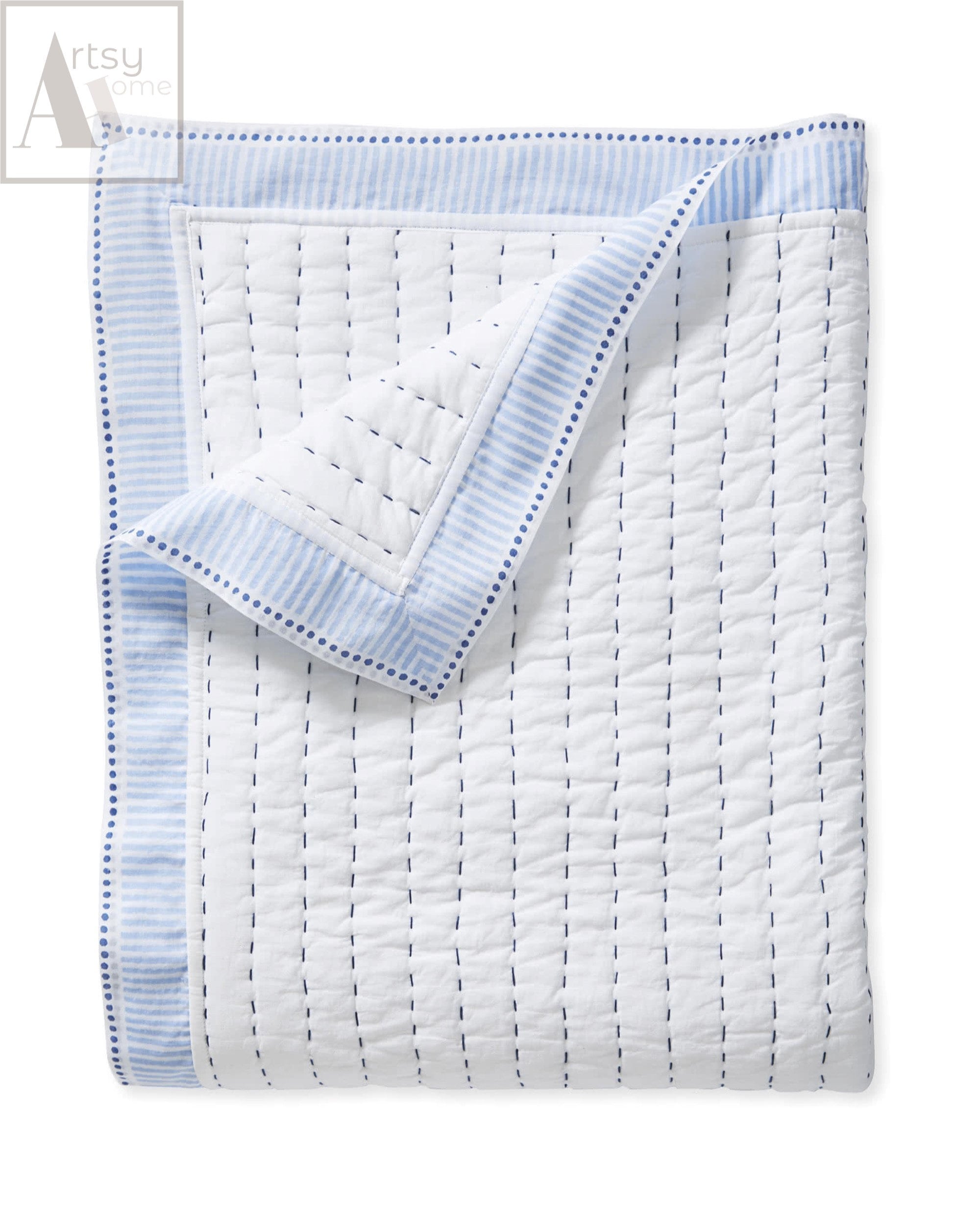 Indian Kantha Quilt Solid White Sky Blue Print Block Printed - Etsy