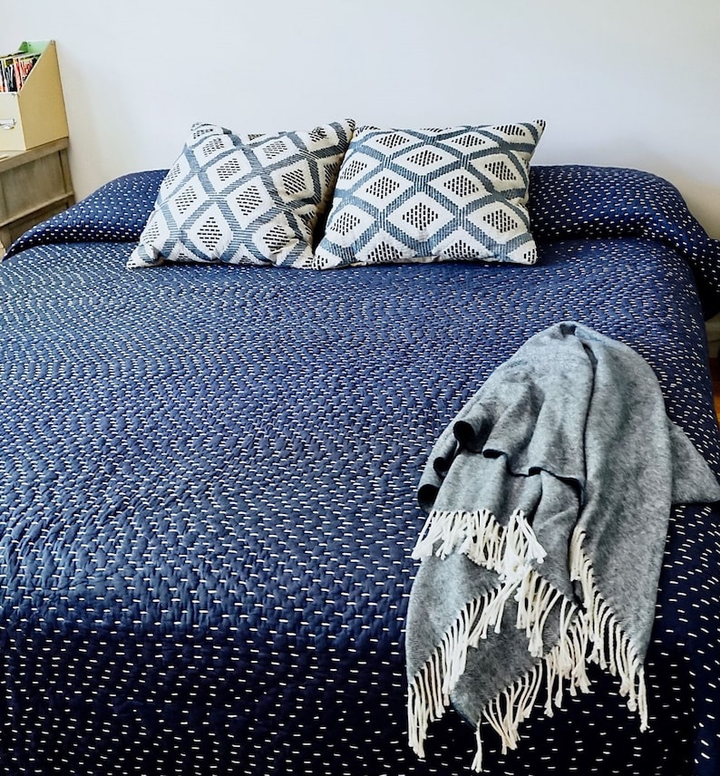 Solid color indigo Kantha Quilt, Solid Kantha quilt bedding set Summer Blanket, Cotton Filling Throw Soft AC Bedcover, Cotton Quilt AH037 image 4