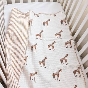 Baby Quilt, Hand Block Printed Giraffe Print Baby Quilt, Soft Cozy Baby Blanket, Light Weight Warm Cot Quilt, AH046 image 4