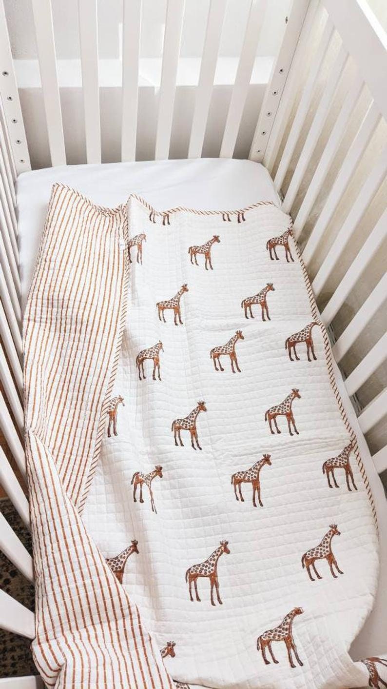 Baby Quilt, Hand Block Printed Giraffe Print Baby Quilt, Soft Cozy Baby Blanket, Light Weight Warm Cot Quilt, AH046 image 4