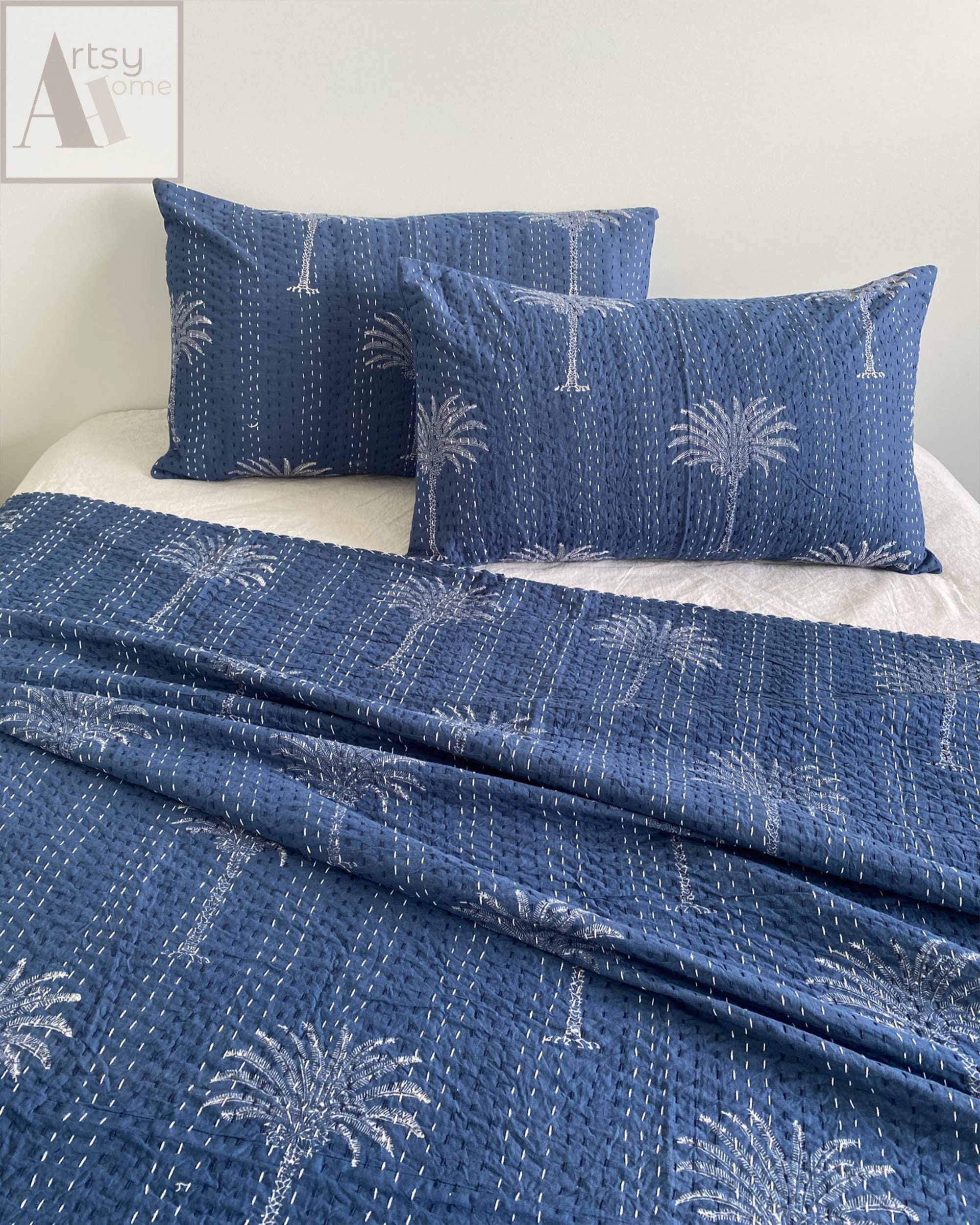 Handmade Indigo Block Print Cotton Bedspread Indian Blanket Twin Kantha Quilt Handmade Indigo Block Print Cotton Bedspread Indian Blanket Twin Kantha Quilt