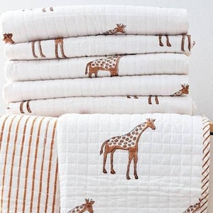 Baby Quilt, Hand Block Printed Giraffe Print Baby Quilt, Soft Cozy Baby Blanket, Light Weight Warm Cot Quilt, AH046 image 6
