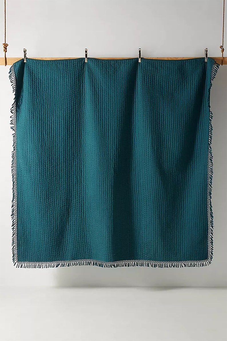 Solid Teal Blue Color Handmade Padded Kantha Quilt, Bohemian Coverlet, Comforter Tassels Indian Kantha Quilt, Handmade Cotton Quilt, AH064 image 3