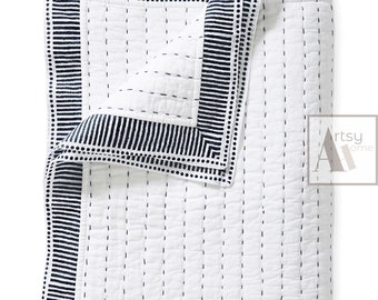 Cotton Bedding Set, Indian Cotton Kantha Quilt, Queend Size Reversible Blanket, Hand Block Printed Quilt, Solid Kantha Bedspread AH#084