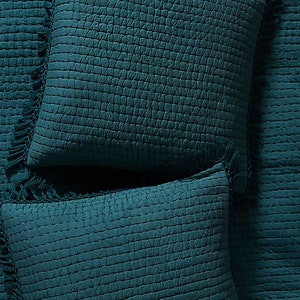 Solid Teal Blue Color Handmade Padded Kantha Quilt, Bohemian Coverlet, Comforter Tassels Indian Kantha Quilt, Handmade Cotton Quilt, AH064 image 4