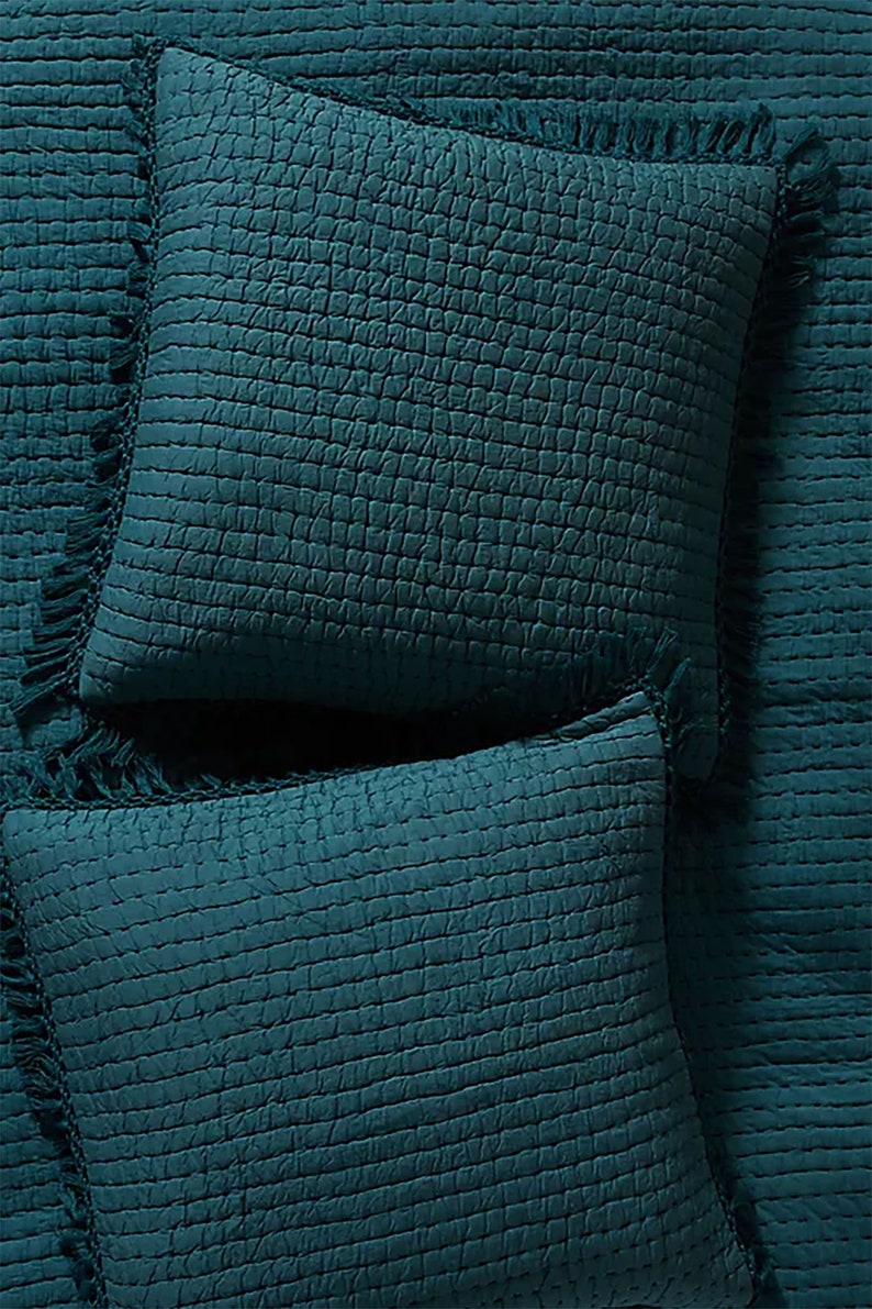 Solid Teal Blue Color Handmade Padded Kantha Quilt, Bohemian Coverlet, Comforter Tassels Indian Kantha Quilt, Handmade Cotton Quilt, AH064 image 4