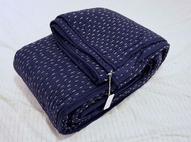 Indigo blue natural deep dyed quilt Cotton Kantha Quilt, hand stitched blanket, solid color quilt, block printed, baby blanket and throw, natural hand printed cotton blanket, queen size quilt, king size comforter, twin size blanket, baby swaddle