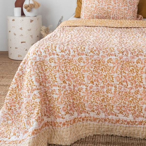 Hand Block Print Quilt Boho Floral Queen Quilt, Handgemachte Baumwolle Indische Tröster, Weiche Qualität Quilt, Ultra Warme Kantha Quilt AH #085