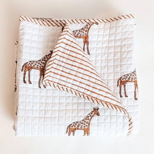 Baby Quilt, Hand Block Printed Giraffe Print Baby Quilt, Soft Cozy Baby Blanket, Light Weight Warm Cot Quilt, AH#046