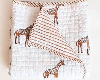 Baby Quilt, Hand Block Printed Giraffe Print Baby Quilt, Soft Cozy Baby Blanket, Light Weight Warm Cot Quilt, AH#046