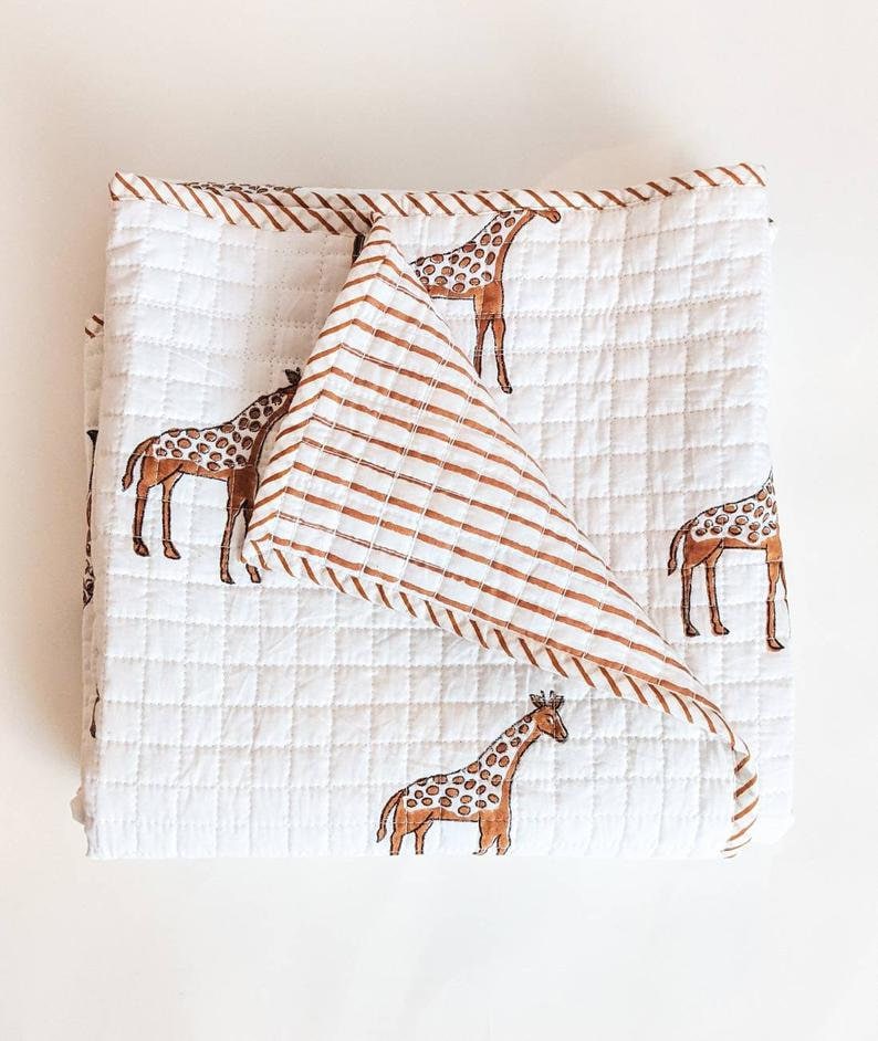 Baby Quilt, Hand Block Printed Giraffe Print Baby Quilt, Soft Cozy Baby Blanket, Light Weight Warm Cot Quilt, AH046 image 1