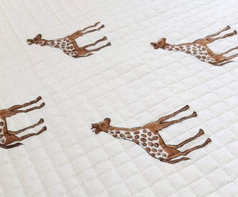 Baby Quilt, Hand Block Printed Giraffe Print Baby Quilt, Soft Cozy Baby Blanket, Light Weight Warm Cot Quilt, AH046 image 5