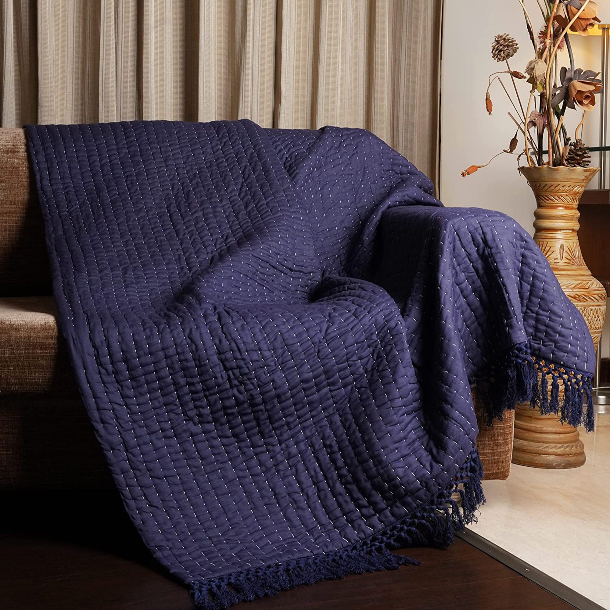 Navy Blue Kantha Quilt Cotton Blanket Kantha Throw Decorative Winter Kantha Quilt for Living Room Lightweight Warmth Blanket AH048 Etsy
