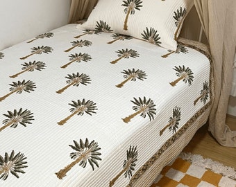 Green Palm Tree Kantha Quilt, Hand Block Printed Cotton Quilt, Handmade Reversible Kantha Blanket, Jaipuri razai, Bedspread Comforter AH#094