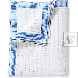 Indian Kantha Quilt, Solid White Sky Blue Print Block Printed Quilt ...