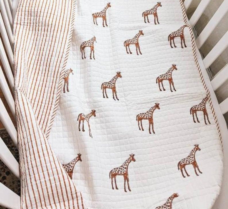 Baby Quilt, Hand Block Printed Giraffe Print Baby Quilt, Soft Cozy Baby Blanket, Light Weight Warm Cot Quilt, AH046 image 7