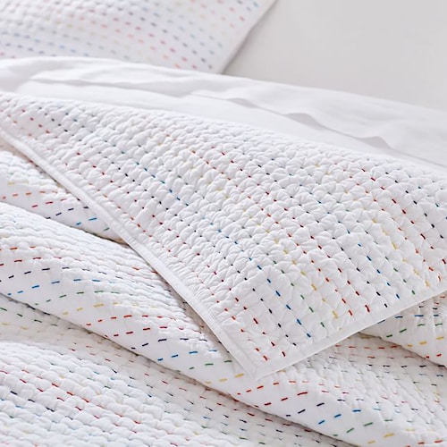 Solid White Cotton Kantha Quilt Handmade Multi Color Hand Etsy