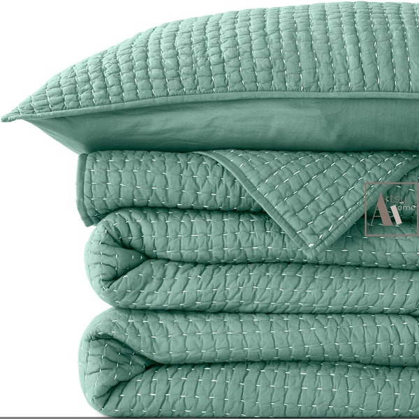 Solid Cotton Kantha Quilt, Indian Quilt, Handmade Quilt, Light Weight Summer Blanket Throw, Hand Stitched Quilt, Soft Cozy Blanket AH#079