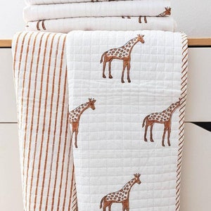 Baby Quilt, Hand Block Printed Giraffe Print Baby Quilt, Soft Cozy Baby Blanket, Light Weight Warm Cot Quilt, AH046 image 2