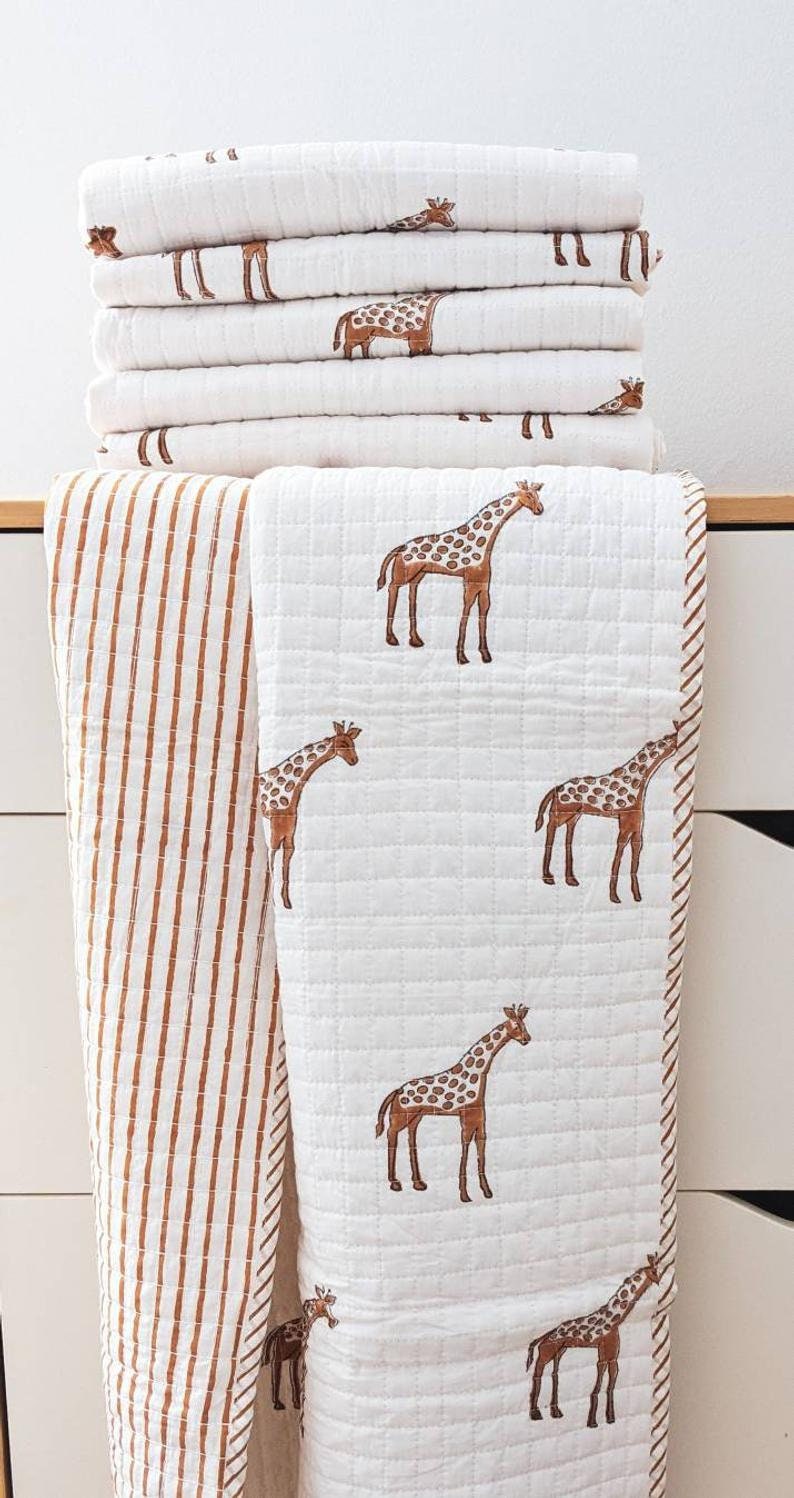 Baby Quilt, Hand Block Printed Giraffe Print Baby Quilt, Soft Cozy Baby Blanket, Light Weight Warm Cot Quilt, AH046 image 2