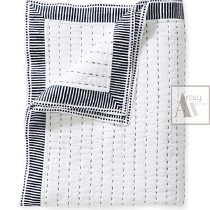 Solid White Cotton Quilt, Block Print Cotton Kantha Quilt, Jaipuri Razai Cotton Quilt, Kantha Quilt Bedding Set, Reversible Blanket, AH#069