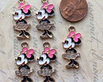 5 Adorable Minnie Mouse with Hot Pink Bow and Gems Enamel Metal  Charms/Minnie Charms/Disney Charms/Cartoon Charms/Mouse Charms