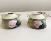 RS Prussia Porcelain Hand Painted Roses Trinket Jar and Hair Receiver Set