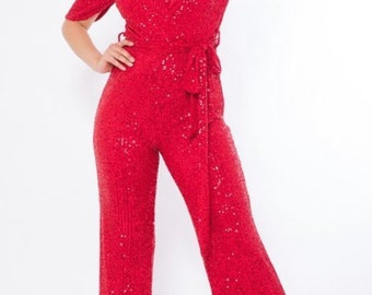 red sequin jumpsuit