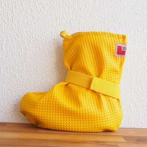 Forest school kids yellow fabric overshoes with adjustable easy band, Waterproof fabric kids shoe protector, Eco-friendly shoe cover