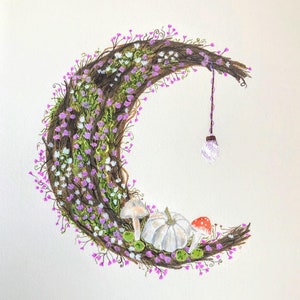 Stampa artistica della luna celestiale stregata - Corona di cristallo di ametista con luna crescente - Arte murale botanica - Dipinto ad acquerello della luna - Arte dei funghi.