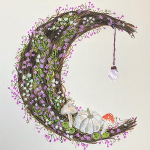 Ghirlanda di fate originale, acquerello, funghi, luna, arte botanica, luna, non stampata.