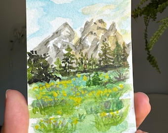 Original ACEO Watercolor Landscape painting, Mini small, hand painted card ACEO gifts, Miniature painting 2.5 by 3.5 inches