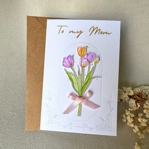 Aan mijn moederkaart, Moederdagkaart, Tulpverjaardagskaart, Tulpenkaart, Reliëfkaart, Handgemaakte bloemenwenskaart met een envelop