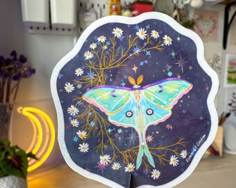Holographische Luna Motte und Blumen Die-Cut Vinyl wasserfester Aufkleber, Motte Aufkleber, laminierter Aufkleber, botanische Illustration