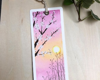 Original Sunset landscape watercolor bookmark, Cherry blossom bookmark with eyelet and tassel.