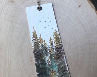 Original Watercolor Pine Forest Mountain, Pines Trees bookmark, Watercolor Handmade.