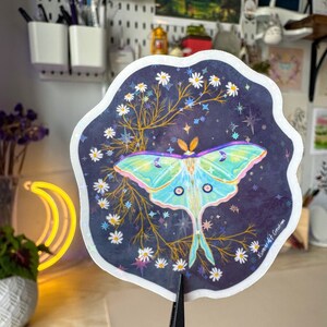 Holographic Luna Moth and Flowers Die-Cut Vinyl Water Resistant Sticker, Moth Sticker, Laminated Sticker, Botanical illustration
